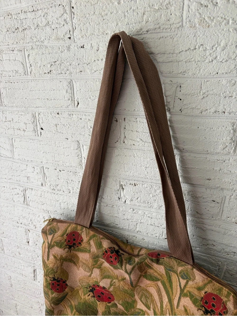 Ladybug Print Shoulder Tote Bag in Brown and Red